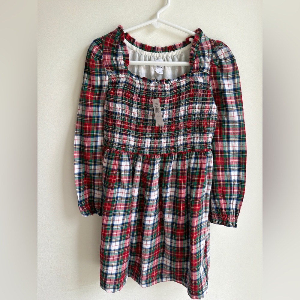 GAP Girls Red Green Plaid Smocked Long-Sleeve Dress